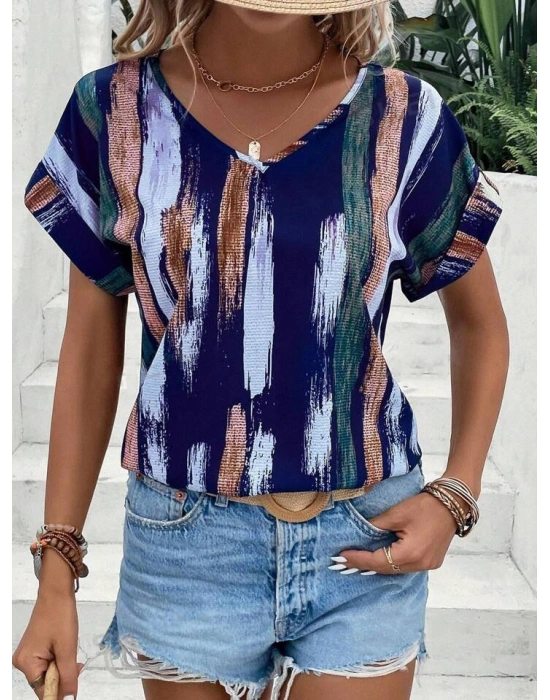 Kadın Kısa Yarasa Kol Fırça Desenli V Yaka Süprem Bluz