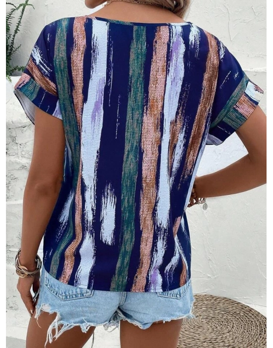 Kadın Kısa Yarasa Kol Fırça Desenli V Yaka Süprem Bluz