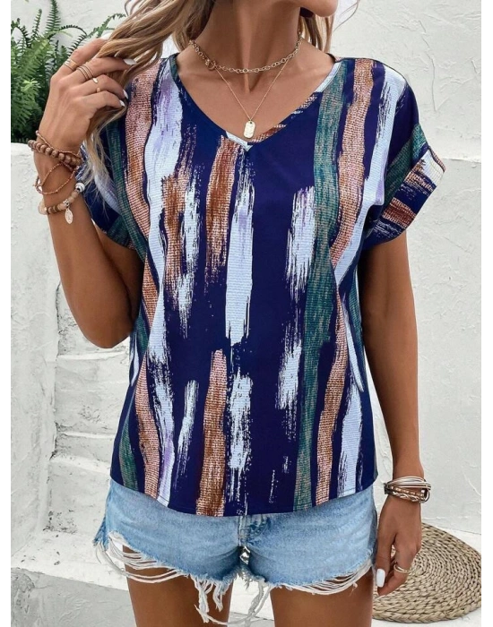 Kadın Kısa Yarasa Kol Fırça Desenli V Yaka Süprem Bluz