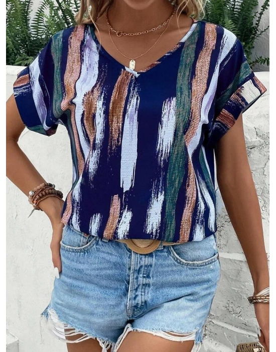 Kadın Kısa Yarasa Kol Fırça Desenli V Yaka Süprem Bluz
