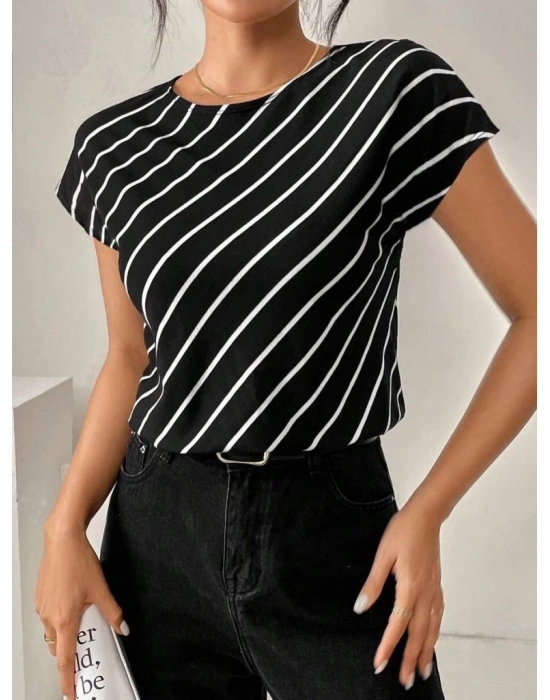 Kadın Kısa Yarasa Kollu Bisiklet Yaka çizgi Desenli Atlas Bluz