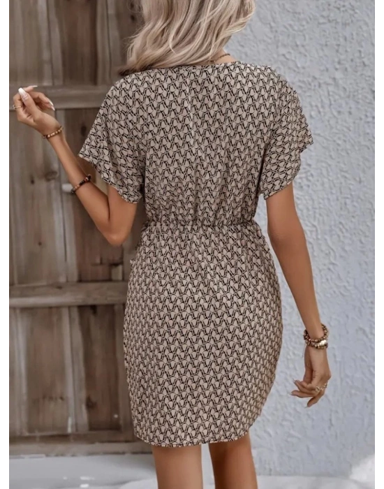Kadın Kısa Yarasa Kollu önden Kruvaze Yaka Detaylı önden Bağlamalı Desenli Süprem Elbise