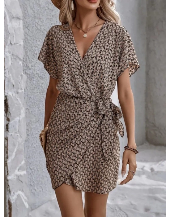 Kadın Kısa Yarasa Kollu önden Kruvaze Yaka Detaylı önden Bağlamalı Desenli Süprem Elbise