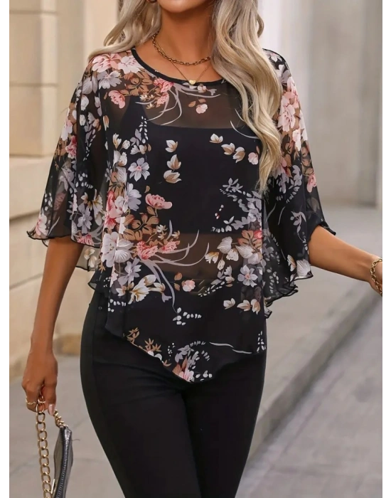 Kadın Kısa Yarasa Kollu Yuvarlak Yaka çiçek Baskılı Asimetrik Kesim özel Tasarım şifon Bluz