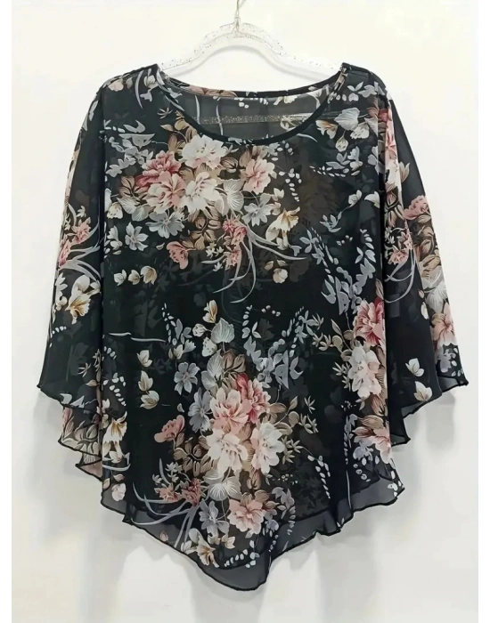 Kadın Kısa Yarasa Kollu Yuvarlak Yaka çiçek Baskılı Asimetrik Kesim özel Tasarım şifon Bluz