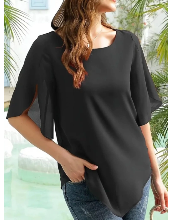Kadın Kısa Yırtmaç Kollu Yuvarlak Yaka şifon Bluz