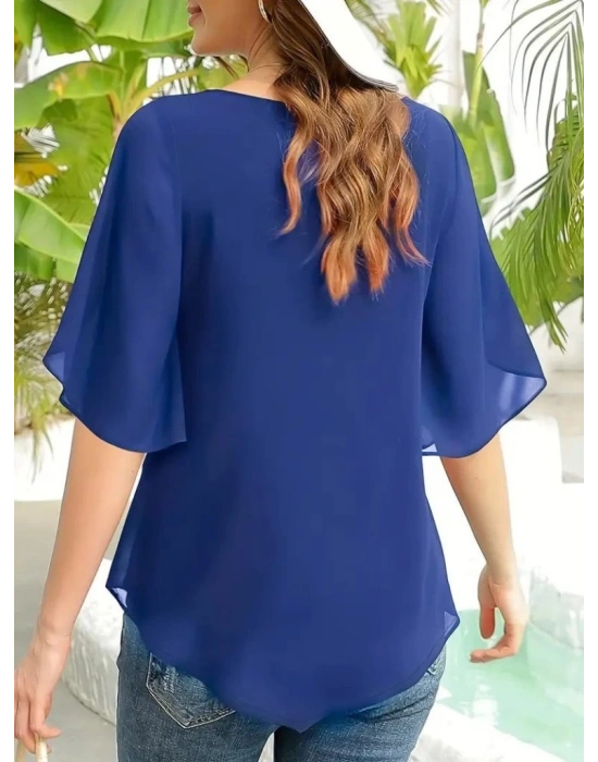 Kadın Kısa Yırtmaç Kollu Yuvarlak Yaka şifon Bluz