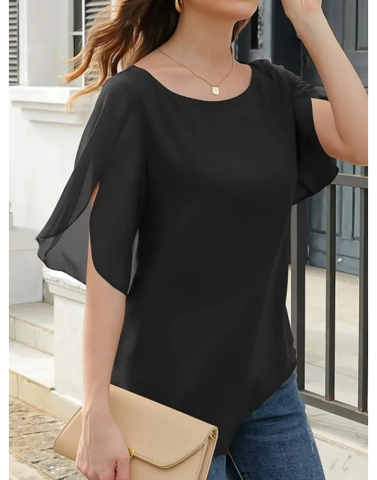 Kadın Kısa Yırtmaç Kollu Yuvarlak Yaka şifon Bluz