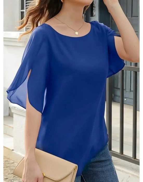 Kadın Kısa Yırtmaç Kollu Yuvarlak Yaka şifon Bluz