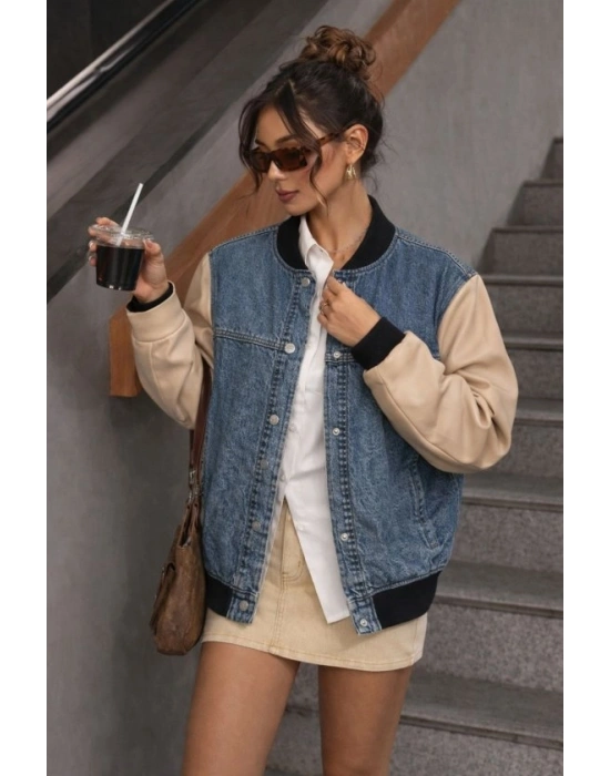 Kadın Kolları Deri Detay Bomber Kot Ceket