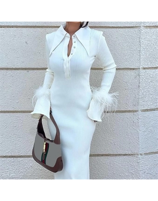 Kadın Kolları Tüylu Manşet Yaka Midi Boy Fırsat ürün Elbise