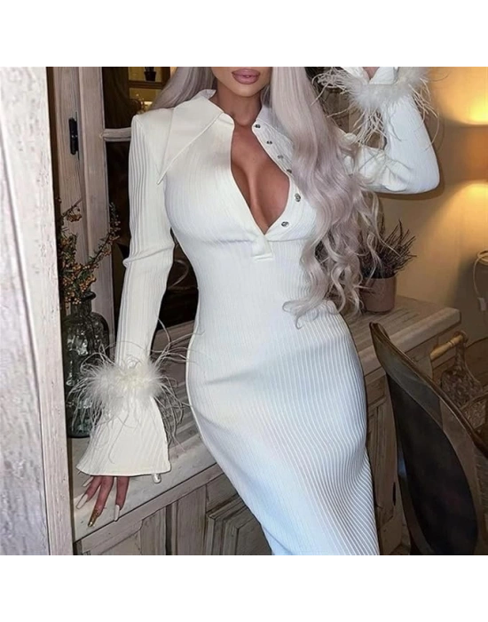 Kadın Kolları Tüylu Manşet Yaka Midi Boy Fırsat ürün Elbise