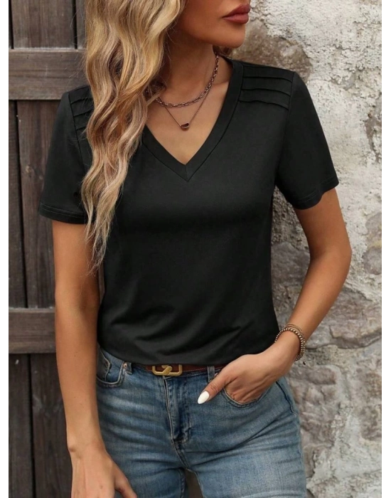 Kadın Kollu V Yakalı Omuzlarda çizgi Detaylı Viskon Bluz