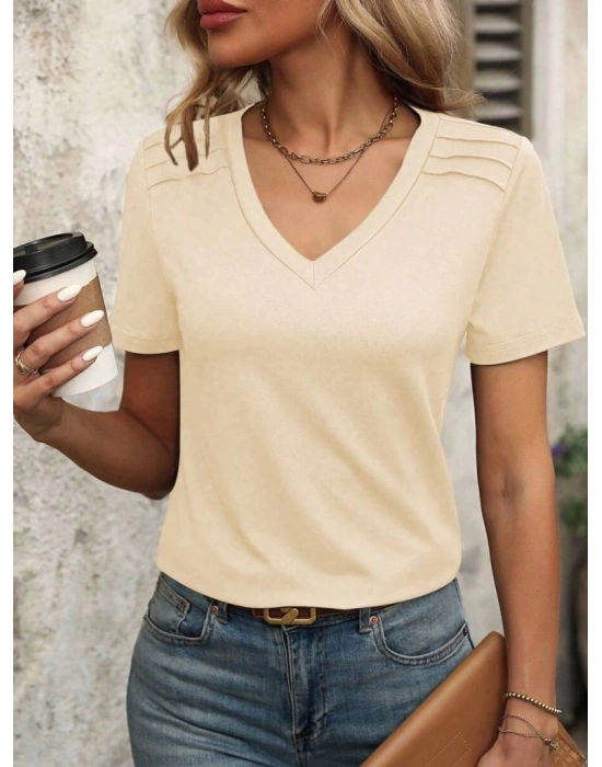 Kadın Kollu V Yakalı Omuzlarda çizgi Detaylı Viskon Bluz