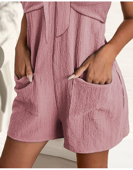 Kadın Kolsuz Askı Aksesuarlı önü Bağlama Detay Salopet şort Tulum