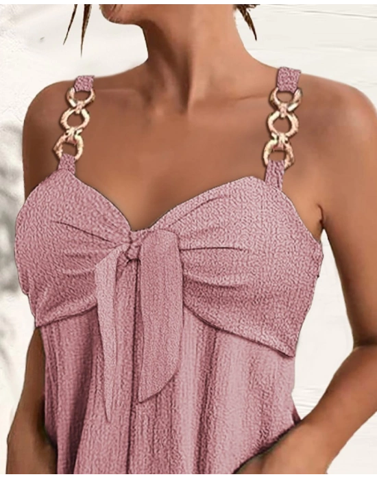 Kadın Kolsuz Askı Aksesuarlı önü Bağlama Detay Salopet şort Tulum