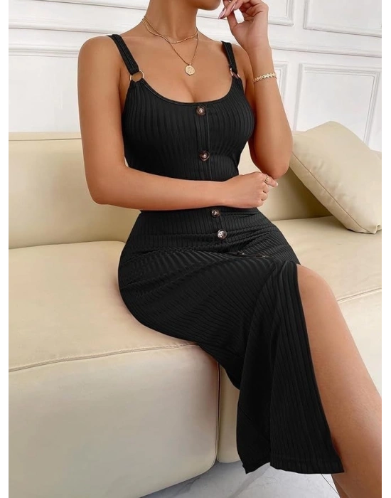 Kadın Kolsuz Askı Halka Detay önü Düğmeli Midi Boy Yırtmaçlı Fitilli Kaşkorse Elbise