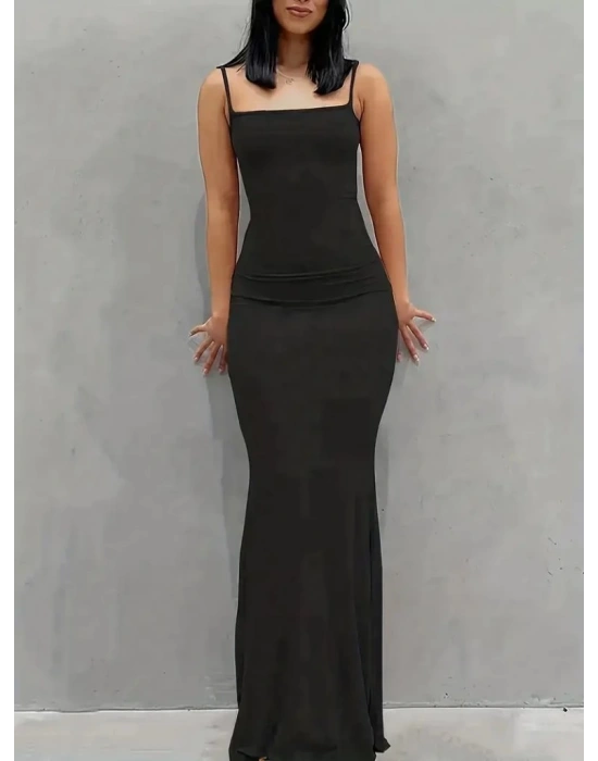 Kadın Kolsuz Askılı Bodycon Uzun Viskon Elbise