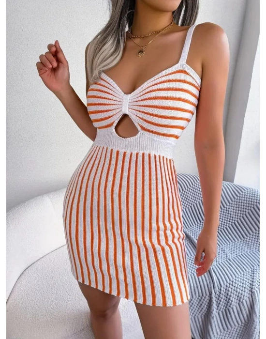 Kadın Kolsuz Askılı Pencere Detay şerit Desen Mini Triko Elbise