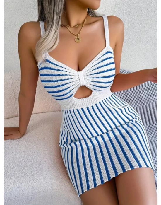 Kadın Kolsuz Askılı Pencere Detay şerit Desen Mini Triko Elbise