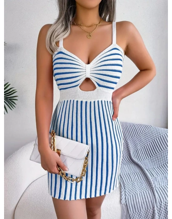 Kadın Kolsuz Askılı Pencere Detay şerit Desen Mini Triko Elbise