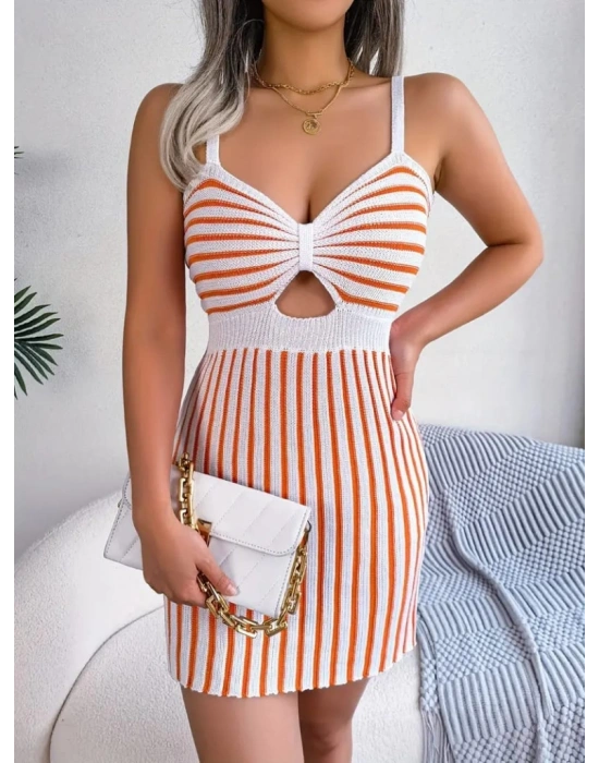 Kadın Kolsuz Askılı Pencere Detay şerit Desen Mini Triko Elbise