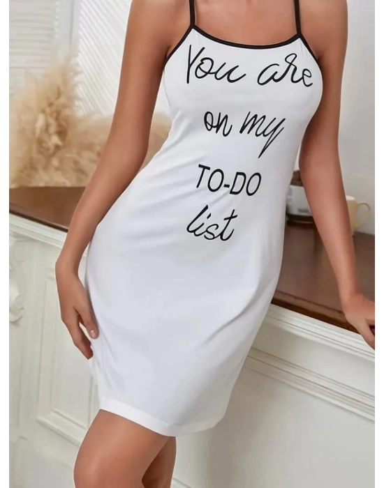 Kadın Kolsuz Askılı Sırt çapraz Detay To Do List Baskı Süprem Gecelik Elbise