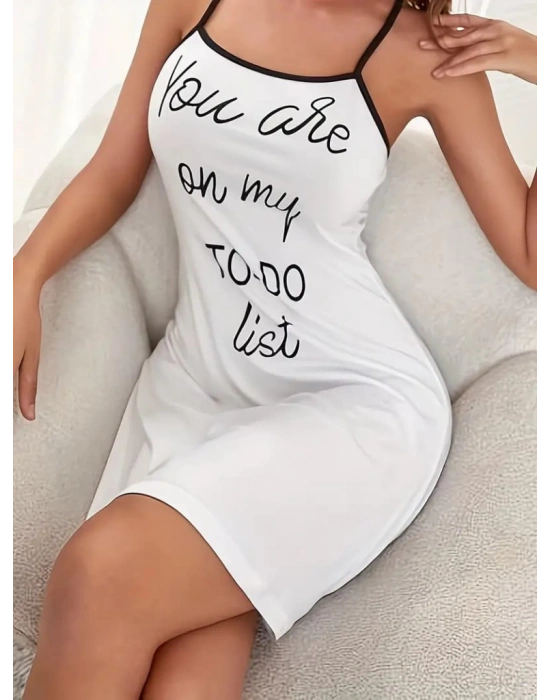 Kadın Kolsuz Askılı Sırt çapraz Detay To Do List Baskı Süprem Gecelik Elbise