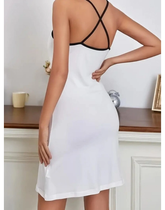 Kadın Kolsuz Askılı Sırt çapraz Detay To Do List Baskı Süprem Gecelik Elbise