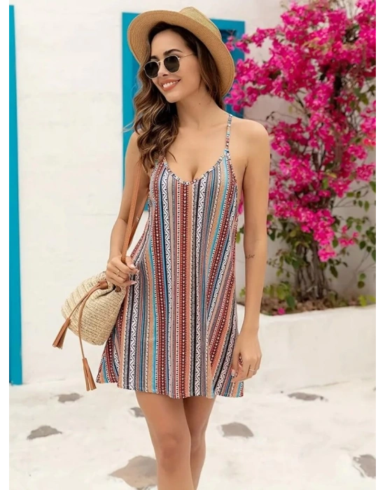 Kadın Kolsuz Askılı V Yaka Etnik Desen Mini Elbise