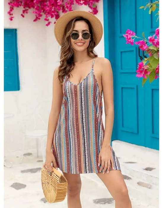 Kadın Kolsuz Askılı V Yaka Etnik Desen Mini Elbise