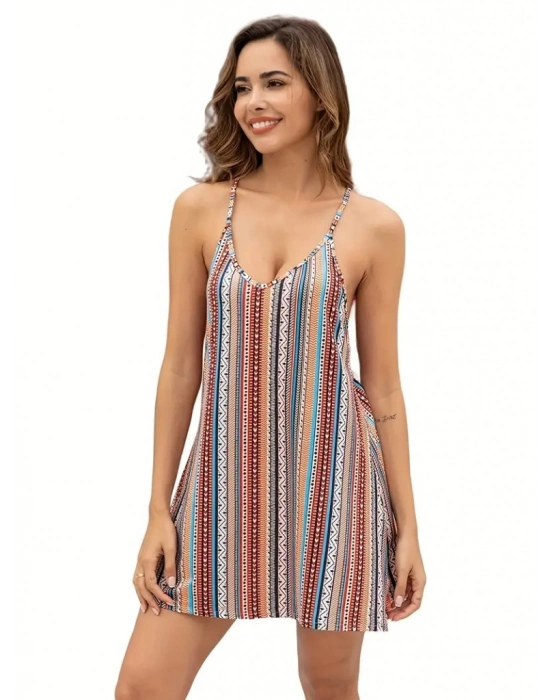 Kadın Kolsuz Askılı V Yaka Etnik Desen Mini Elbise