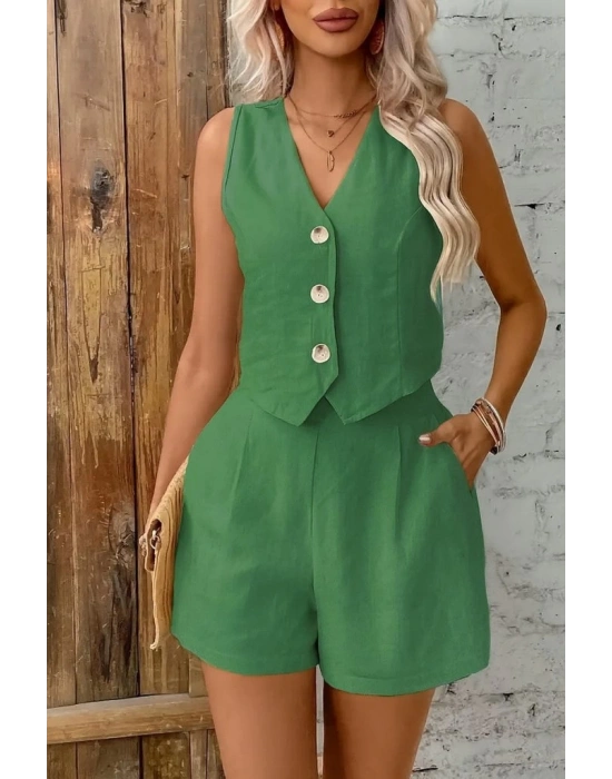 Kadın Kolsuz Askılı V Yakalı önden Düğmeli Ithal Keten Ceket Ve Short Ikili Takım