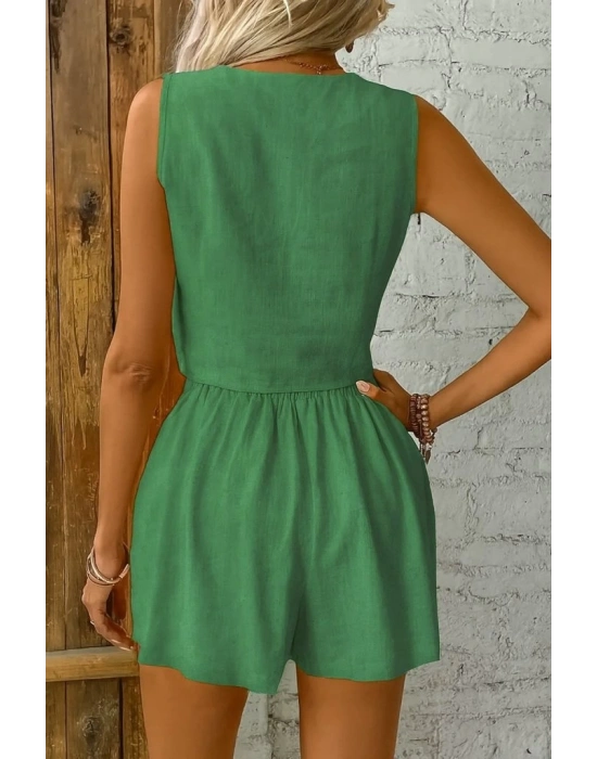 Kadın Kolsuz Askılı V Yakalı önden Düğmeli Ithal Keten Ceket Ve Short Ikili Takım