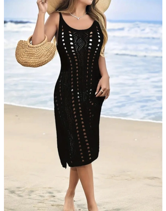 Kadın Kolsuz Askılı Yan Yırtmaç Detay Triko Midi Boy Elbise