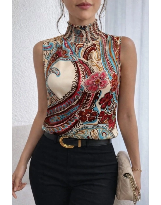 Kadın Kolsuz Balıkçı Yaka Desenli Süprem Bluz