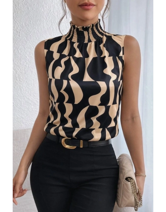 Kadın Kolsuz Balıkçı Yaka Desenli Süprem Bluz