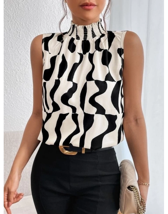 Kadın Kolsuz Balıkçı Yaka Desenli Süprem Bluz