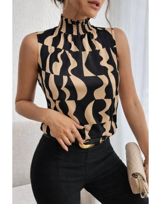 Kadın Kolsuz Balıkçı Yaka Desenli Süprem Bluz