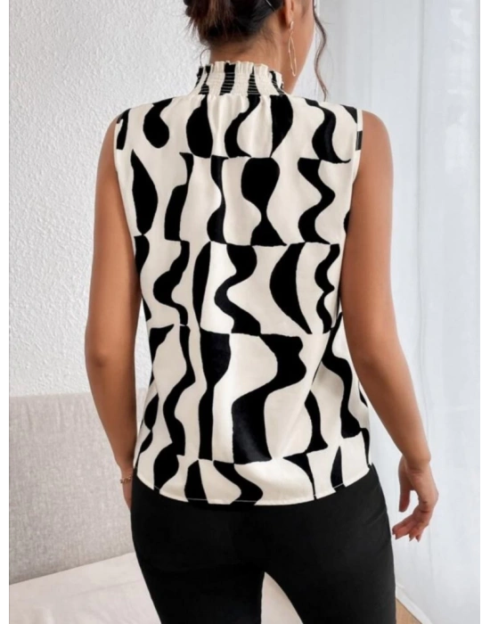 Kadın Kolsuz Balıkçı Yaka Desenli Süprem Bluz