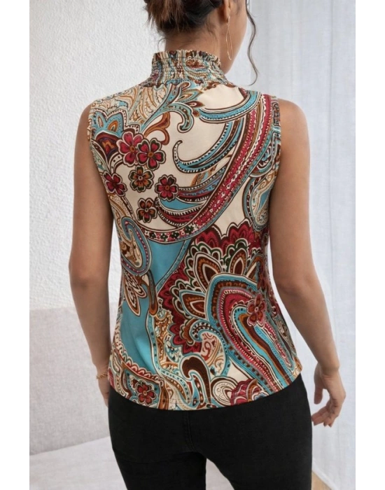 Kadın Kolsuz Balıkçı Yaka Desenli Süprem Bluz