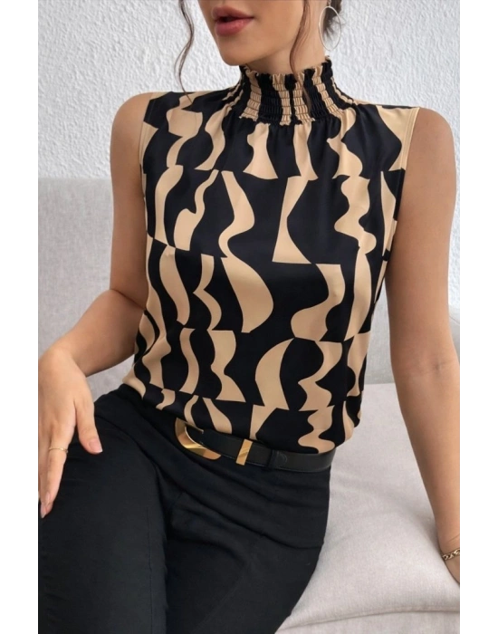 Kadın Kolsuz Balıkçı Yaka Desenli Süprem Bluz