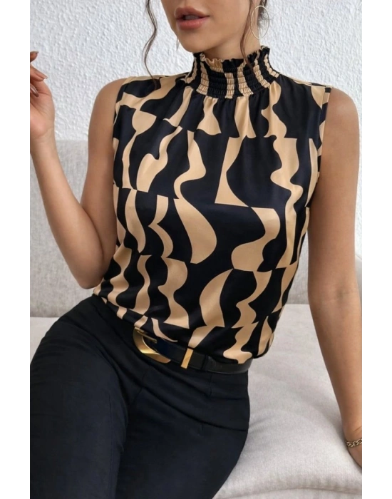 Kadın Kolsuz Balıkçı Yaka Desenli Süprem Bluz