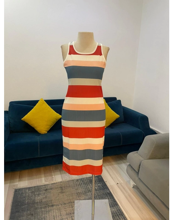 Kadın Kolsuz Bel Dekolte Detay şerit Desenli Pegasus Kumaş Elbise