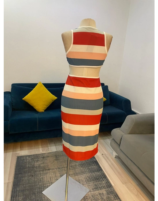 Kadın Kolsuz Bel Dekolte Detay şerit Desenli Pegasus Kumaş Elbise