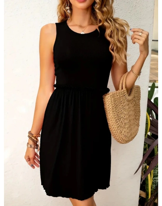 Kadın Kolsuz Bel Lastik Ve Büzgü Detay Viskon Mini Elbise