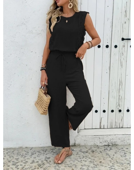 Kadın Kolsuz Bisiklet Yaka Aerobin Bluz Ve Bağcıklı Pantolon