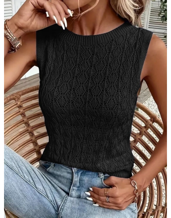 Kadın Kolsuz Bisiklet Yaka Ajurlu Triko Bluz