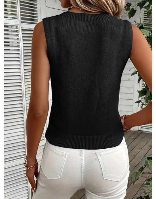 Kadın Kolsuz Bisiklet Yaka Ajurlu Triko Bluz