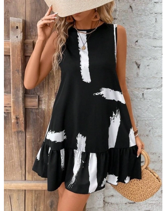 Kadın Kolsuz Bisiklet Yaka Arkadan Fiyonklu Süprem Kısa Elbise